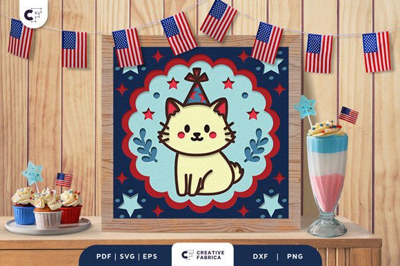 4th of July Kitten 3D SVG for Independence Day Crafting