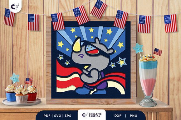 Patriotic Rhinoceros 3D Shadow Box SVG for Independence Day
