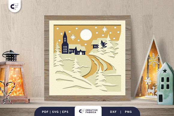 Snowy Village Hill 3D Shadow Box: A Winter 3D SVG for Premium Branding